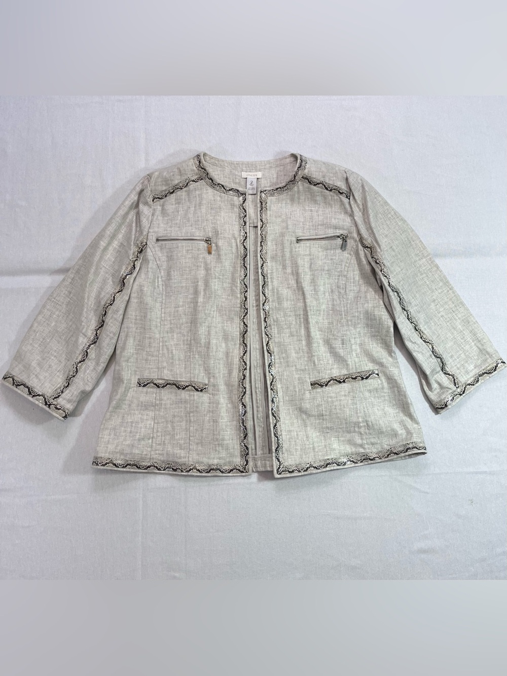 Chico's Beige 3/4 Sleeve Blazer Open-Front Jacket Snake Print Trim